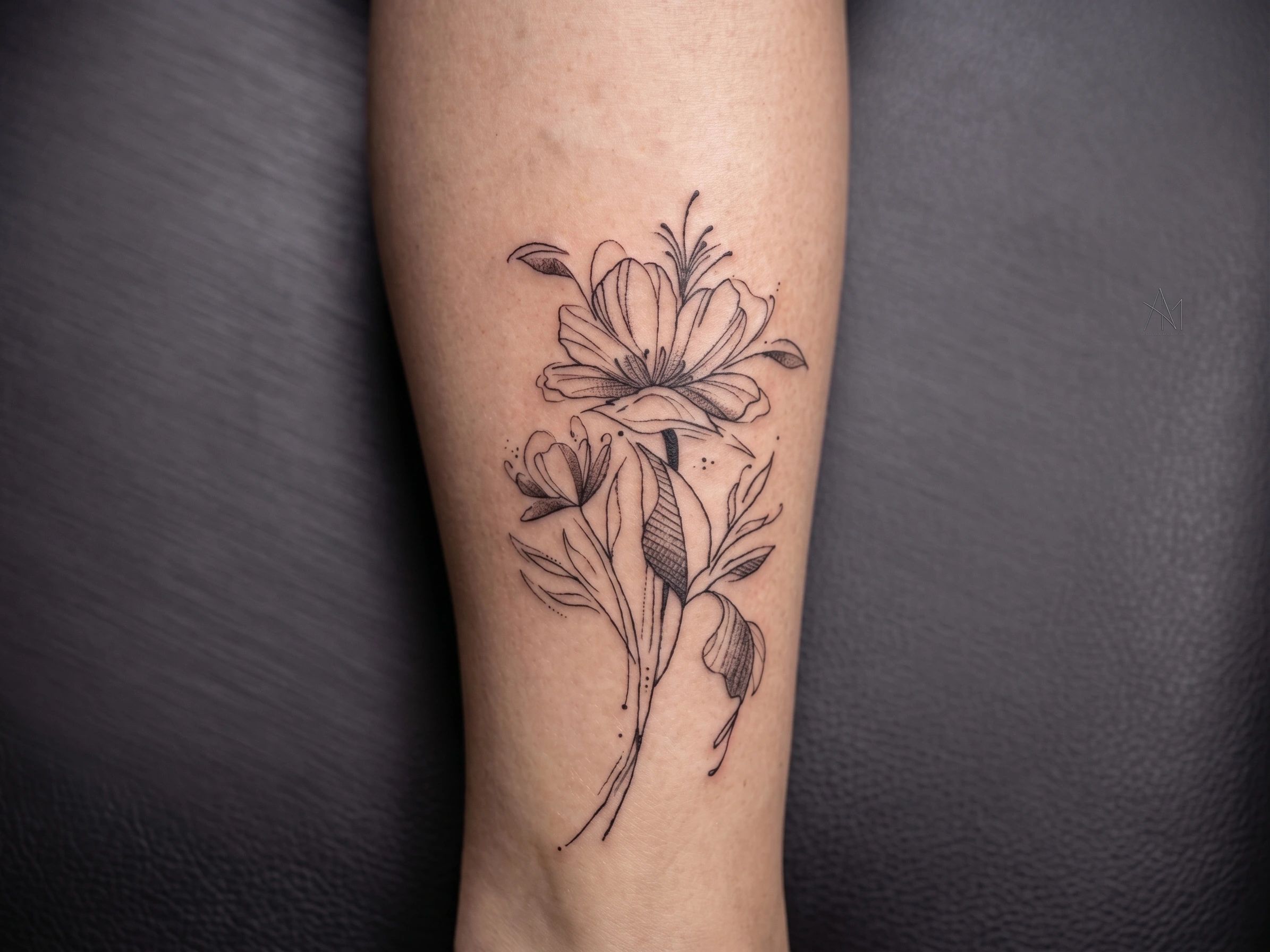 Blackwork de traço fino cicatrizado, trabalho da Francis Tattoo em Curitiba